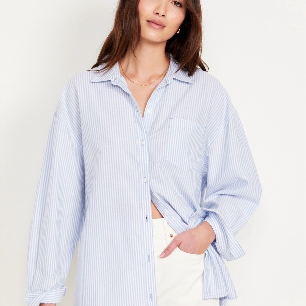 Old Navy Boyfriend Resort Poplin Button Down Shirt Stripe Blue Cotton Women's M - Picture 3 of 9